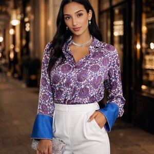 Crew Paisley Print Blouse Blue Contrast Cuffs Size 8 Classic Luxe